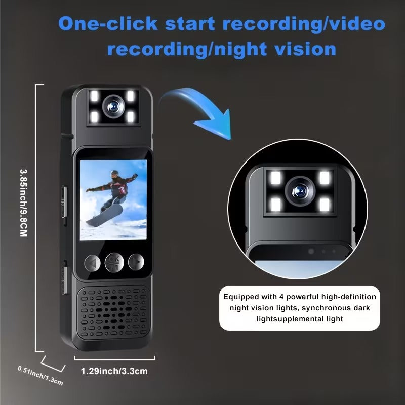 Caméra corporelle 1080P avec audio, objectif rotatif 180° et vision nocturne