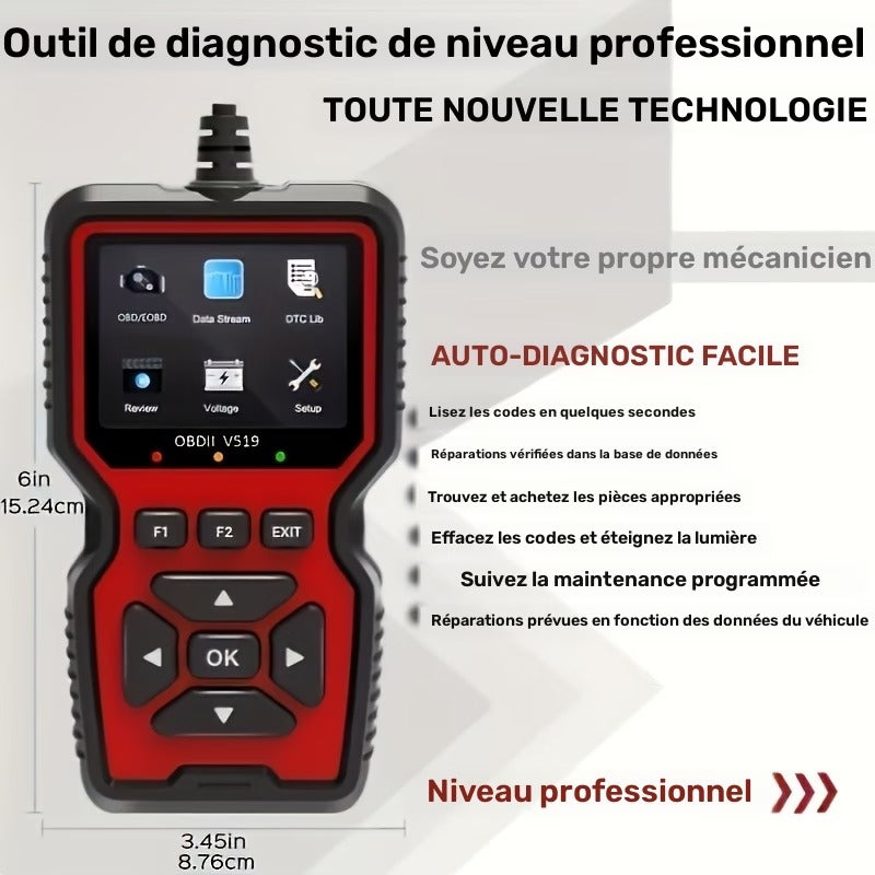 ماسح تشخيص السيارات OBD2 V519 – قارئ رموز مع شاشة ملونة وتحليل في الوقت الفعلي