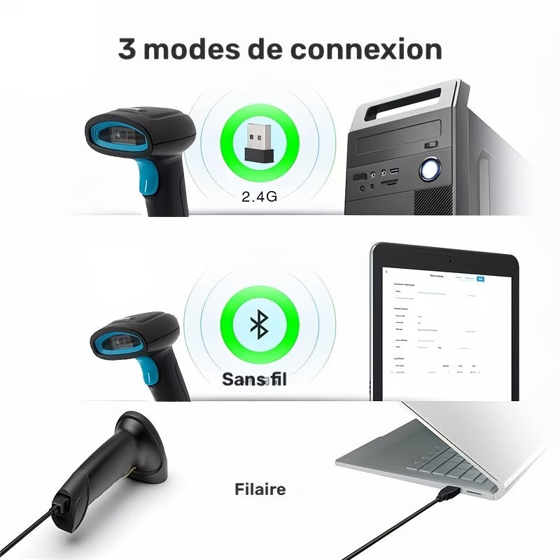 ماسح الباركود اللاسلكي ثنائي الأبعاد 2.4G بتقنية بلوتوث وUSB، قارئ QR محمول أحادي/ثنائي الأبعاد بتقنية CMOS للمتاجر والمستودعات ومحلات السوبر ماركت والدفع عبر الهاتف المحمول