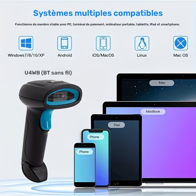 ماسح الباركود اللاسلكي ثنائي الأبعاد 2.4G بتقنية بلوتوث وUSB، قارئ QR محمول أحادي/ثنائي الأبعاد بتقنية CMOS للمتاجر والمستودعات ومحلات السوبر ماركت والدفع عبر الهاتف المحمول