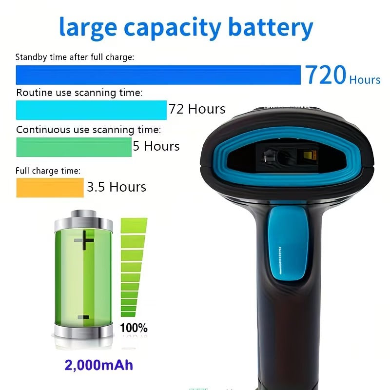 ماسح الباركود اللاسلكي ثنائي الأبعاد 2.4G بتقنية بلوتوث وUSB، قارئ QR محمول أحادي/ثنائي الأبعاد بتقنية CMOS للمتاجر والمستودعات ومحلات السوبر ماركت والدفع عبر الهاتف المحمول