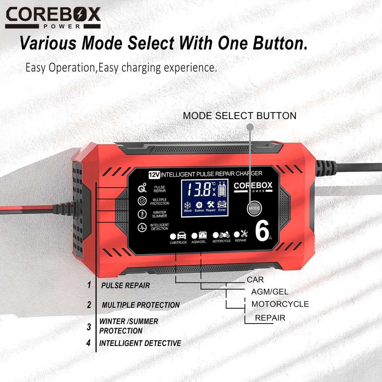 Chargeur de Batterie Intelligent COREBOX 12V 6A avec Écran LCD – Prise EU