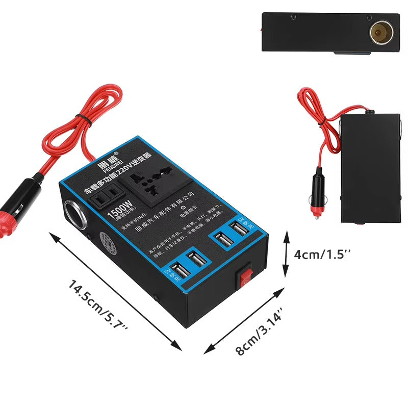Convertisseur de courant voiture 1500W DC 12V/24V vers AC 220V – 4 USB + prise universelle + 2 ports allume-cigare