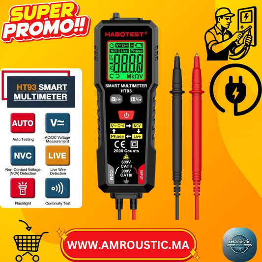 جهاز قياس متعدد رقمي HABOTEST HT93 - 2000 عد، RMS حقيقي، NCV، اختبار الطور، كشف التيار المباشر، AC/DC، اختبار ذاتي، قياس الاستمرارية