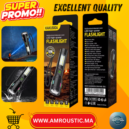 مصباح يدوي LED عالي الكثافة - تكبير/تصغير تلسكوبي، مقاوم للماء بمعيار IPX4، متعدد الوظائف، 1200 مللي أمبير