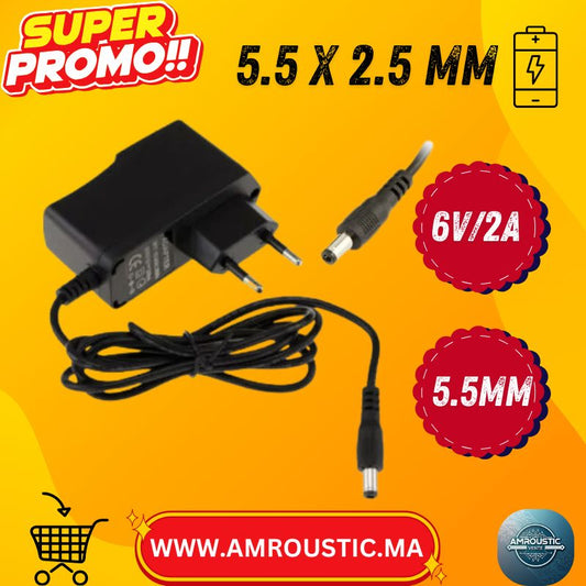 Adaptateur Secteur AC/DC 6V 2A – Prise EU + Jack DC 5.5×2.5mm