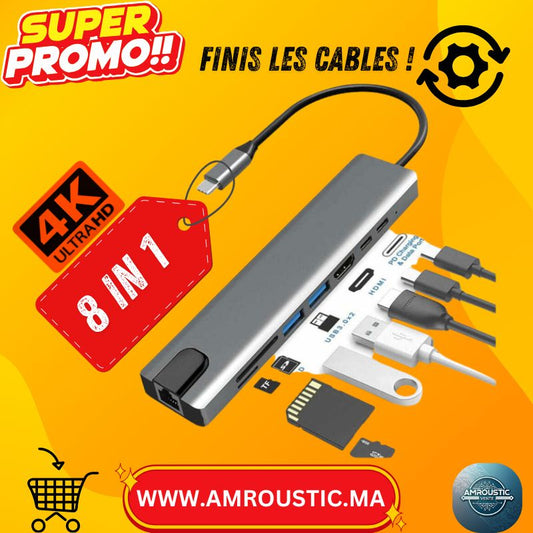 Hub USB-C 8-en-1 – HDMI 4K + RJ45 + PD 100W + USB 3.0/2.0 + Lecteur SD/TF (MacBook/PC)