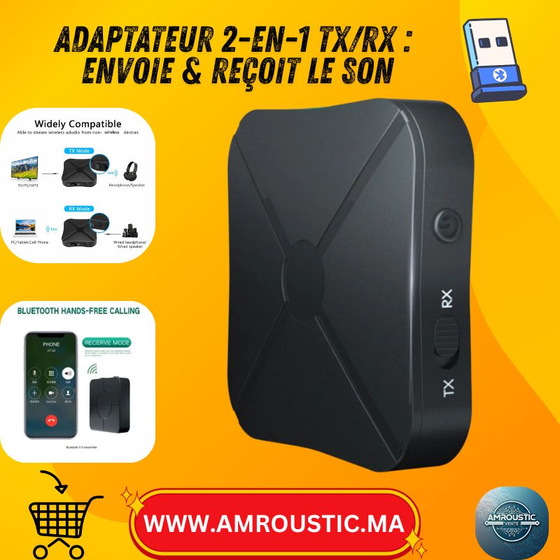 محول صوت بلوتوث 2 في 1 (TX/RX) - جهاز إرسال/استقبال لاسلكي للتلفزيون/الكمبيوتر/سماعات الرأس (3.5 ملم AUX)