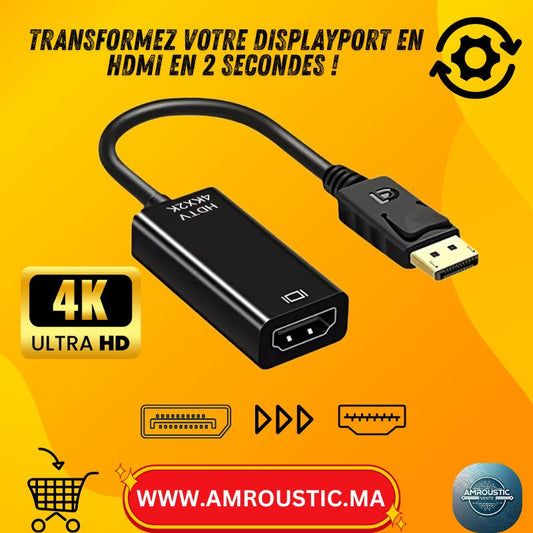 محول DisplayPort إلى HDMI بدقة 4K – من ذكر DP إلى أنثى HDMI – لنقل الصوت والفيديو من الكمبيوتر إلى التلفزيون/الشاشة 
