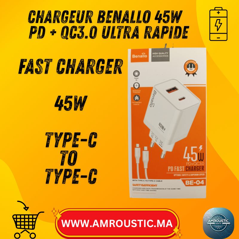 Chargeur Rapide Benallo 45W PD + QC3.0 (USB-C + USB-A) – Avec Câble Type-C vers Type-C – BE-04 (Prise EU)