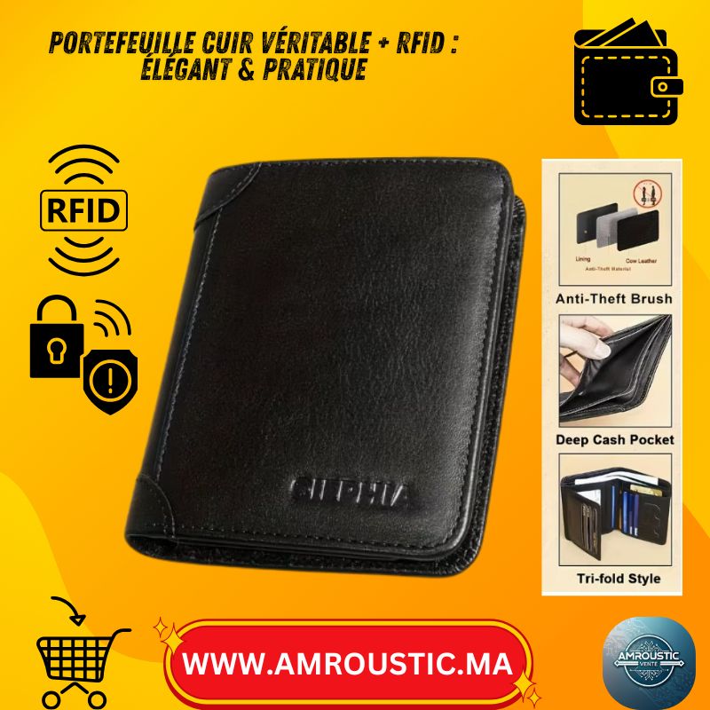 Portefeuille Homme CIEPHIA Cuir Véritable RFID – 3 Volets, Ultra-Mince, Poche Billets Profonde (Noir / Marron Jaune)