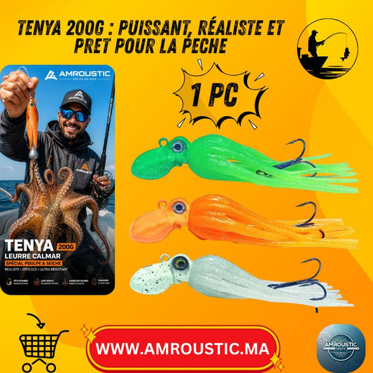 Leurre Tenya Queue de Calmar 200g avec Tête Plombée et Jupe – Appât Artificiel pour Poulpe, Seiche et Pêche en Mer
