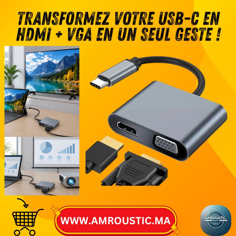 محول USB-C إلى HDMI + VGA 2 في 1 - مخرج فيديو 4K@60Hz لأجهزة الكمبيوتر الشخصية، MacBook، iPad Pro وDell
