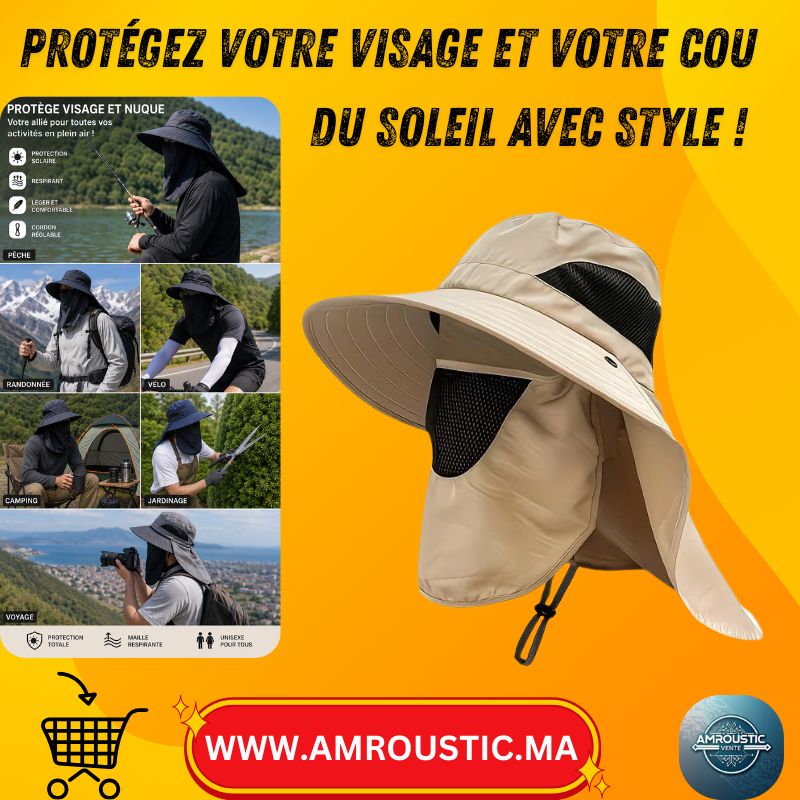Chapeau d’Été Large Bord avec Protection Visage & Nuque – Vélo, Pêche, Randonnée