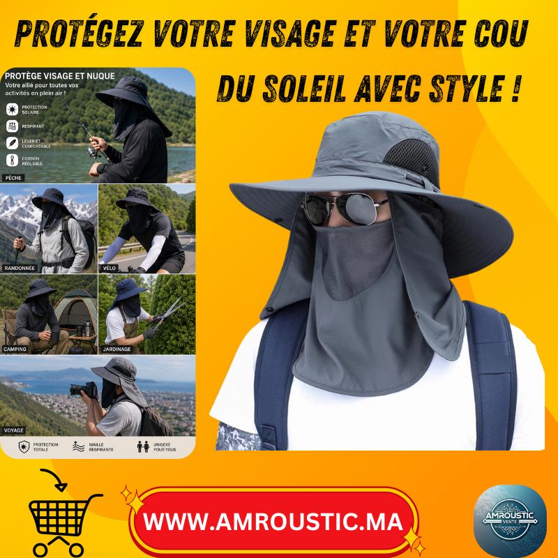 Chapeau d’Été Large Bord avec Protection Visage & Nuque – Vélo, Pêche, Randonnée