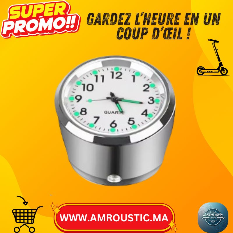 ساعة كوارتز للدراجات النارية/الهوائية 22-25 مم - مقود عالمي، مصنوعة من الألومنيوم، مضيئة، مضادة للاهتزاز