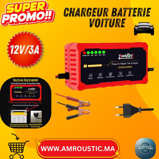 شاحن بطاريات ذكي 12 فولت 3 أمبير - أوتوماتيكي بالكامل، شاشة LCD، وضع الإصلاح، يدعم بطاريات AGM/GEL/الرصاص الحمضية، شاحن سيارات ودراجات نارية