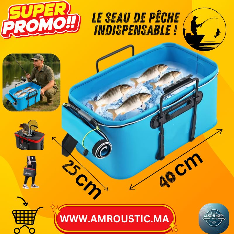 Seau de Pêche Pliable Haute Qualité – Conteneur pour Poissons Vifs & Appâts – Étanche, Renforcé, Portable – 40×25 cm