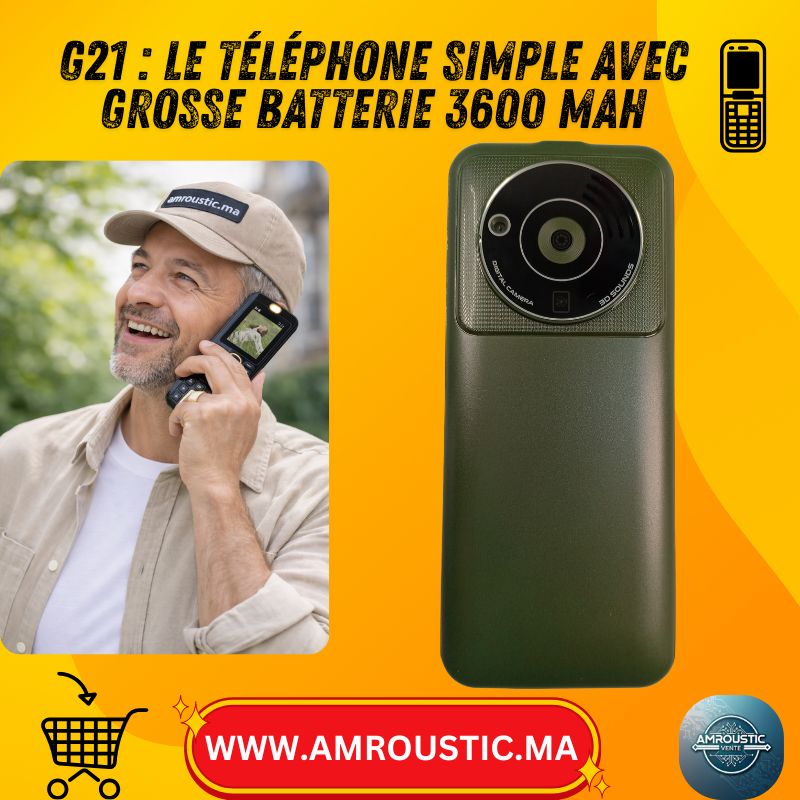 Téléphone portable G21 double SIM avec grande batterie 3600 mAh, lampe LED et radio FM