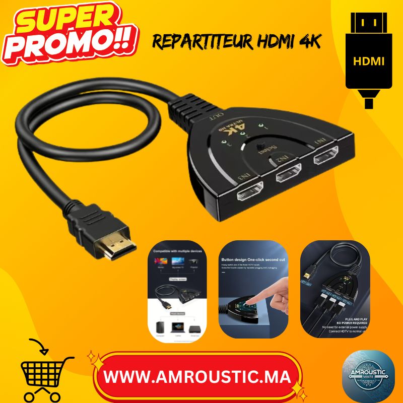 موزع GANA 4K ثلاثي المنافذ لأجهزة التلفزيون عالية الدقة - يعمل بمنفذ USB، أسود لامع مع موصلات سلكية، يدعم دقة Full HD 1080P ثلاثية الأبعاد لأجهزة Fire Stick والتلفزيونات عالية الدقة وPS4 والكمبيوتر الشخصي