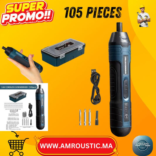Ensemble Tournevis Électrique Sans Fil 3,6V – Kit 105 pièces, Couple Réglable, LED, Batterie Lithium 1300mAh