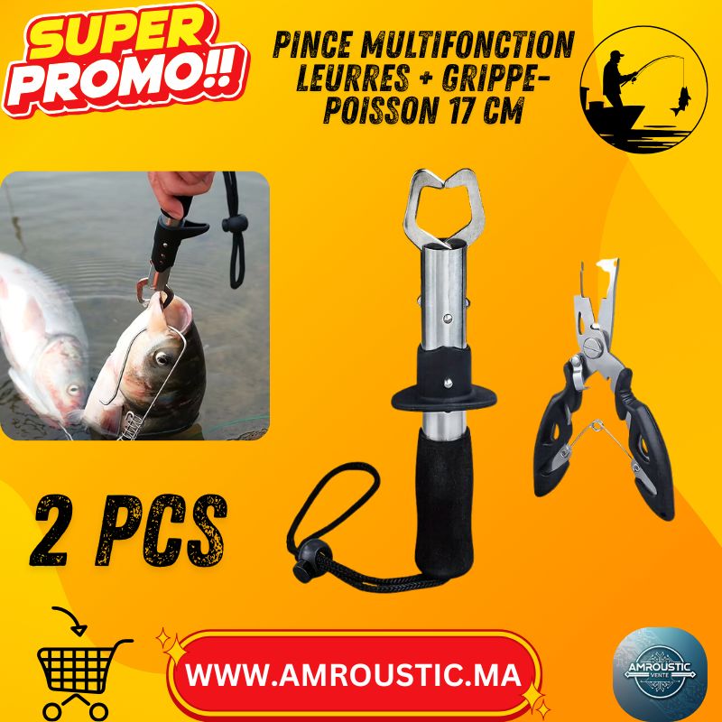 Set Pêche 2-en-1 : Pince Multifonction Leurres + Grippe-Poisson 17 cm