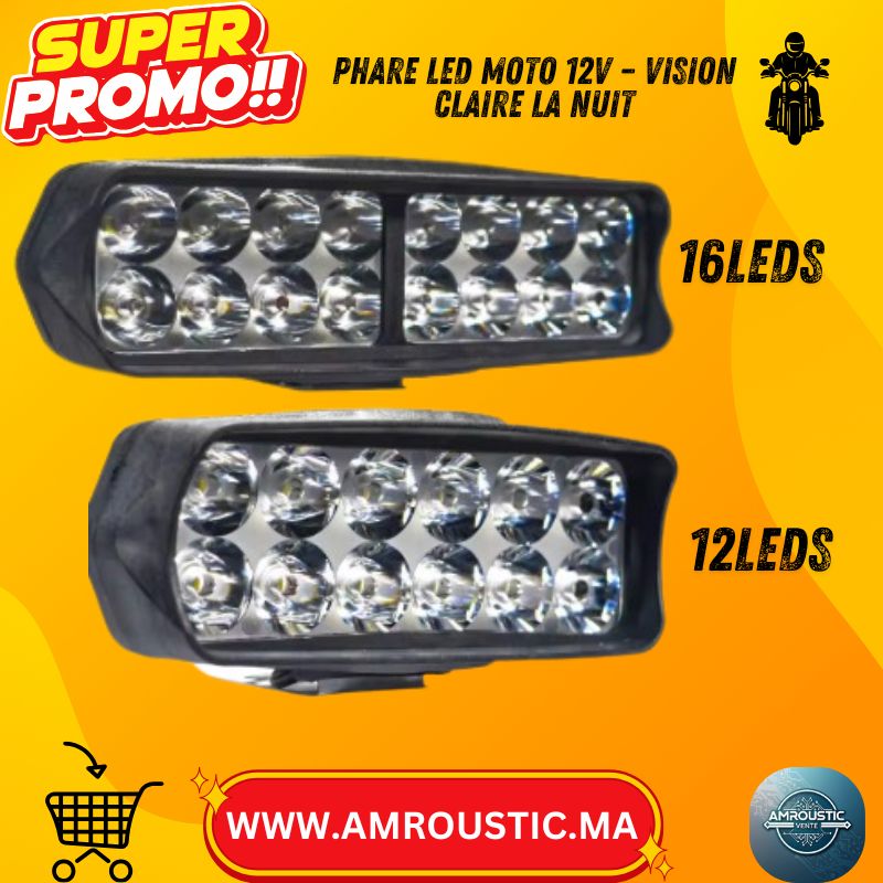 مصباح أمامي LED مقاوم للماء بجهد 12 فولت للدراجات النارية/السكوتر - مصباح ضباب إضافي (12 أو 16 مصباح LED)