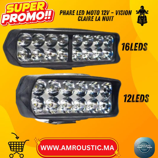 مصباح أمامي LED مقاوم للماء بجهد 12 فولت للدراجات النارية/السكوتر - مصباح ضباب إضافي (12 أو 16 مصباح LED)