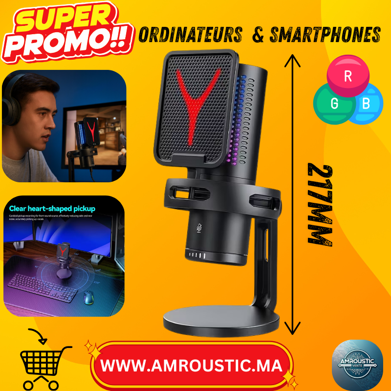Microphone Gaming Yanmai GM7 – Cardioïde, 48kHz, RGB, Bouton Volume & Mute – Streaming, Gaming, Podcasts – USB PC & Mobile