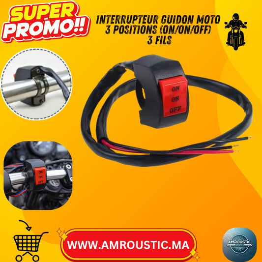 مفتاح مقود دراجة نارية بثلاثة أوضاع (تشغيل/تشغيل/إيقاف) - 3 أسلاك - كابل بطول 55 سم - قطر 22-23 مم