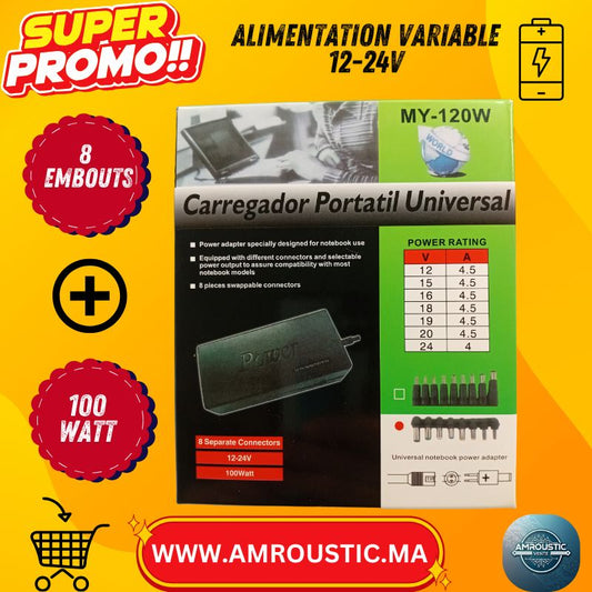 Chargeur Universel PC Portable MY-120W (100W) – 12-24V Réglable + 8 Embouts