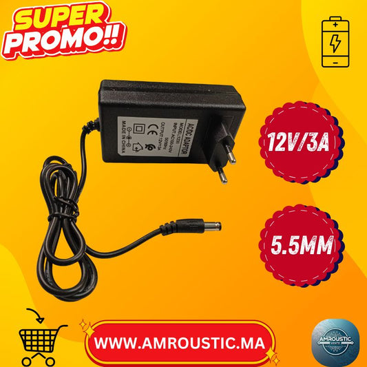 Adaptateur Secteur AC/DC 12V 3A (100–240V) – Prise EU + Jack DC 5.5×2.5mm