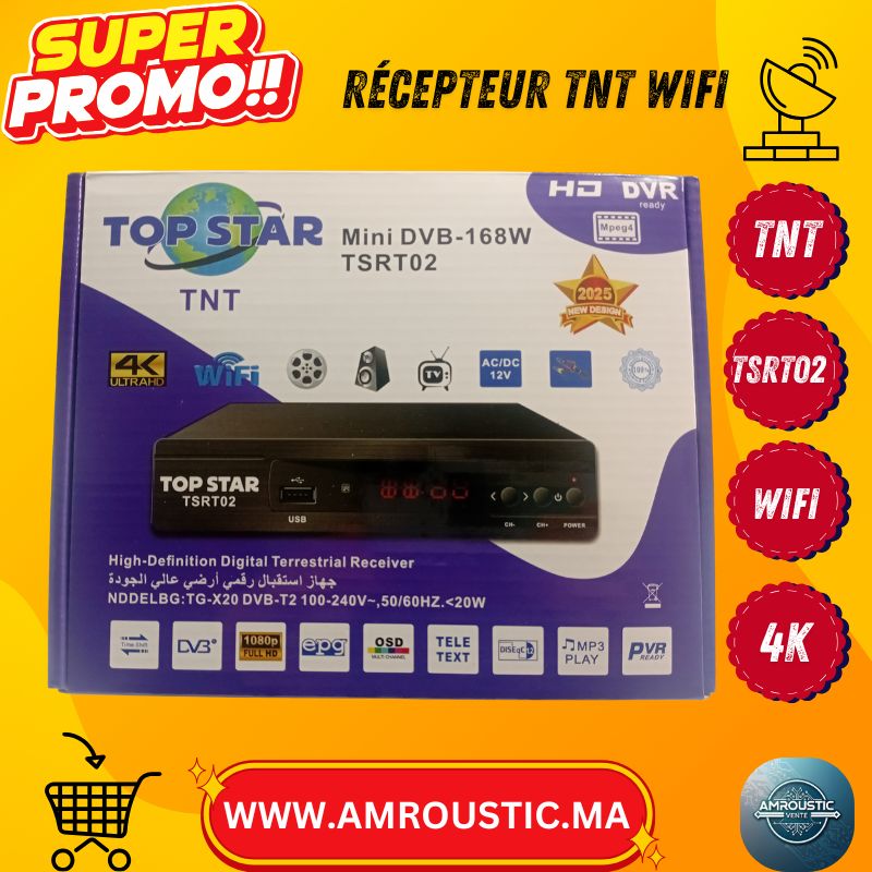 TOP STAR TSRT02 – Récepteur TNT DVB-T2 Mini DVB-168W HD + USB PVR / TimeShift (12V / 220V)
