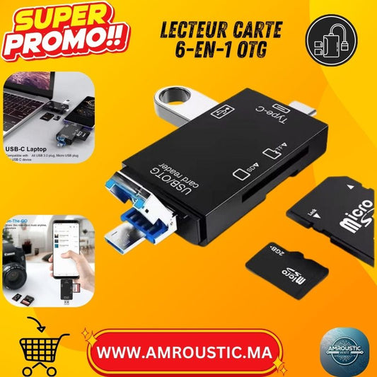 Lecteur de Carte Mémoire 6-en-1 OTG – USB 3.0 / USB-C / Micro-USB + SD & MicroSD (TF) – Pour Téléphone, PC & Laptop