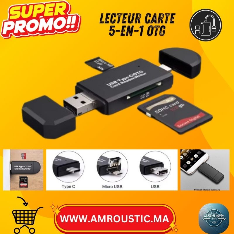 Lecteur de Carte Mémoire 5-en-1 OTG – USB / USB-C (Type-C) / Micro-USB + SD & MicroSD (TF)