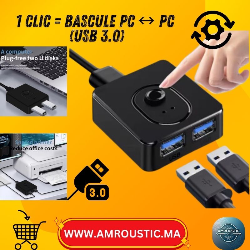 مفتاح KVM USB 3.0 لجهازين كمبيوتر ⇄ جهاز واحد | موزع ثنائي الاتجاه 1x2 / 2x1 – لوحة مفاتيح/فأرة/طابعة