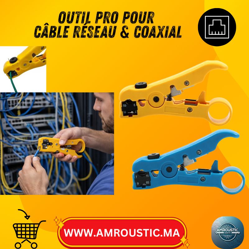 Pince à Dénuder Multifonction Jaune – Distance Réglable | Câble Réseau STP/UTP & Coaxial