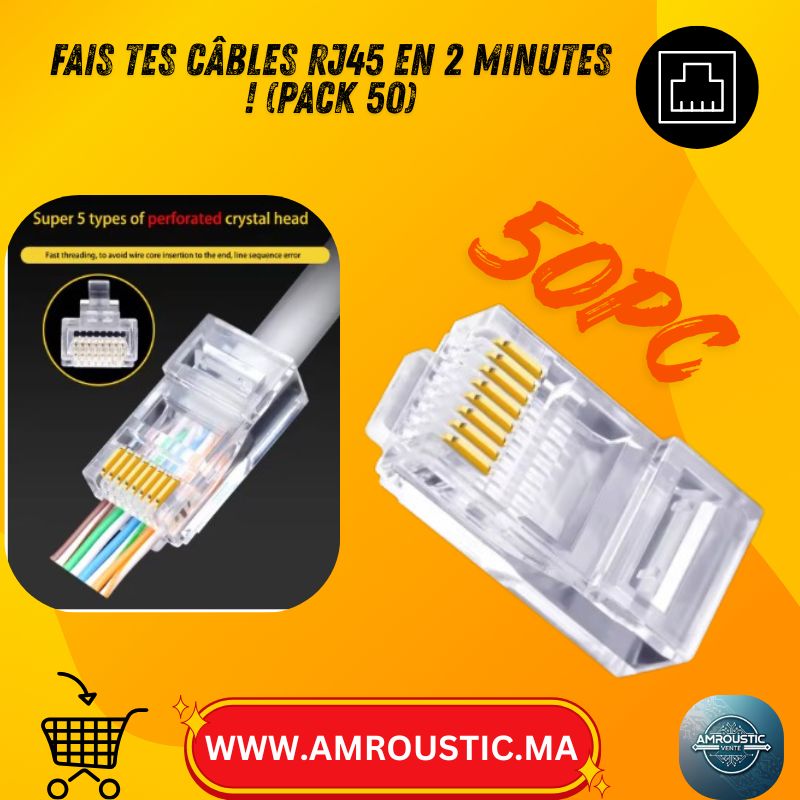 50 موصلًا مثقبًا من نوع RJ45 Cat6 UTP (للتمرير) - أطراف شبكة مطلية بالذهب