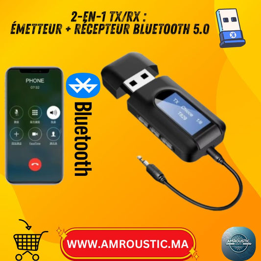 Adaptateur USB Bluetooth 5.0 Audio 2-en-1 (TX/RX) – Écran LCD, AUX 3.5mm, PC/TV/Voiture/Casque