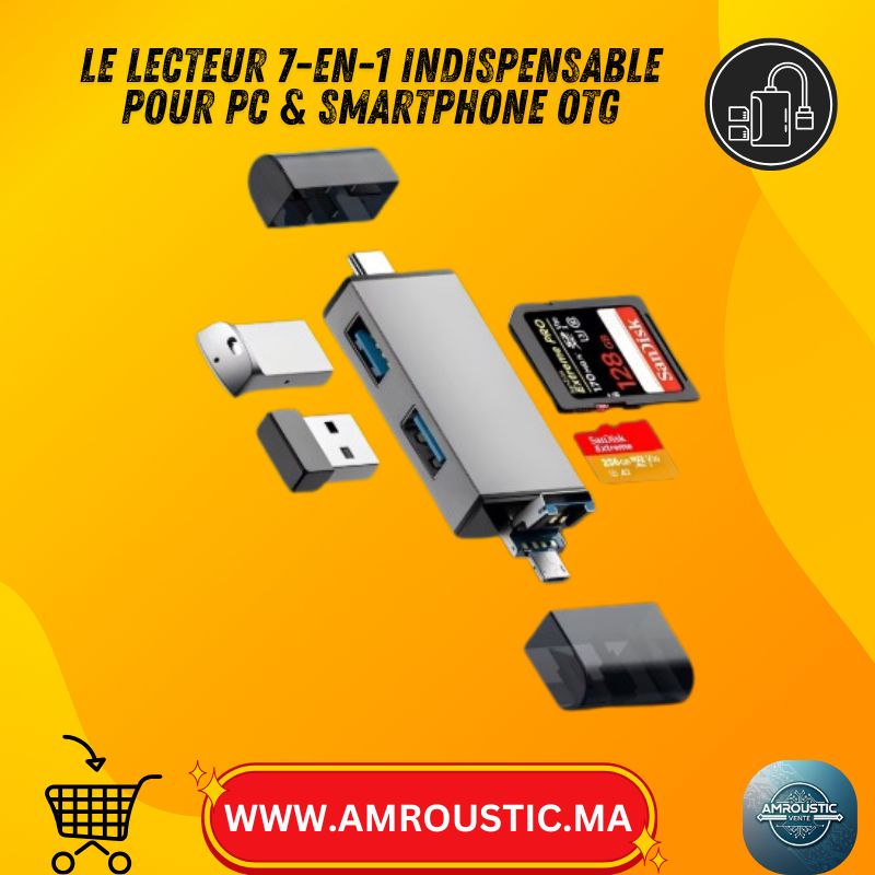قارئ بطاقات OTG 7 في 1 بمنفذ USB 3.0 / Type-C - يدعم بطاقات SD و MicroSD (TF) + موزع USB - محول متعدد الوظائف 