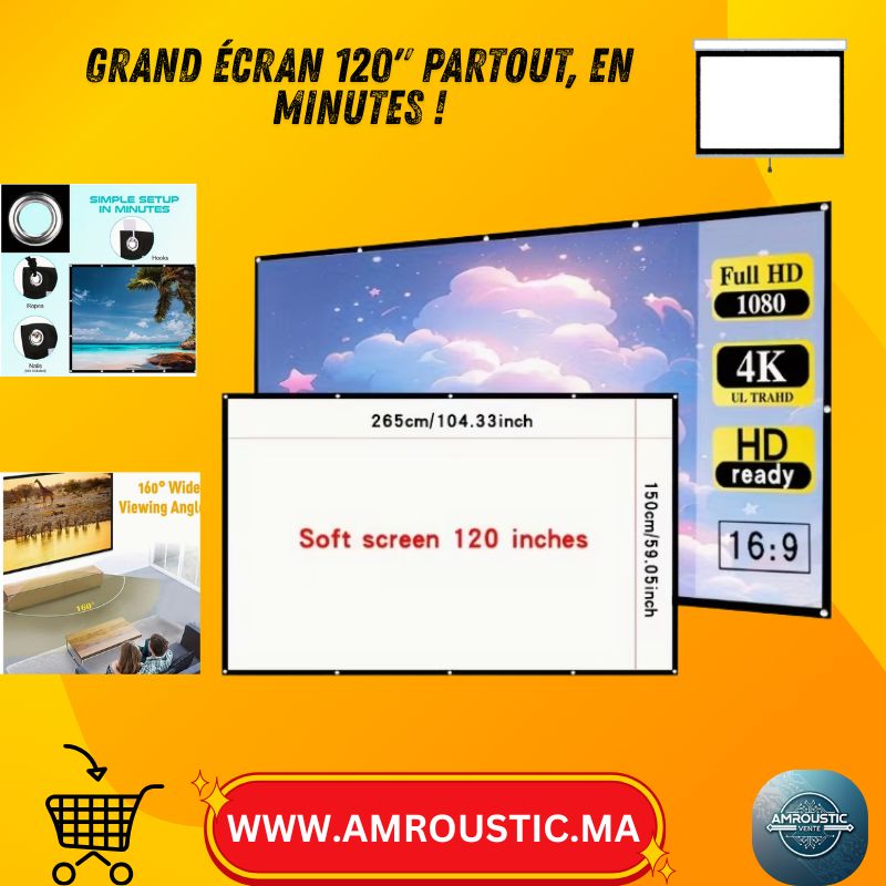 Écran de Projection Portable 120" (16:9) – Toile Blanche HD 4K, Pliable, Grand Angle 160° – Home Cinéma & Outdoor