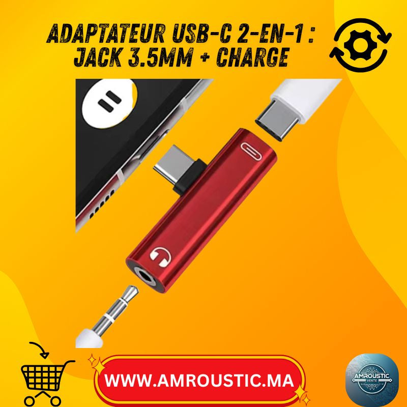 محول USB-C إلى مقبس 3.5 ملم + شحن – موزع صوت وشحن 2 في 1 (ألومنيوم، توصيل وتشغيل)