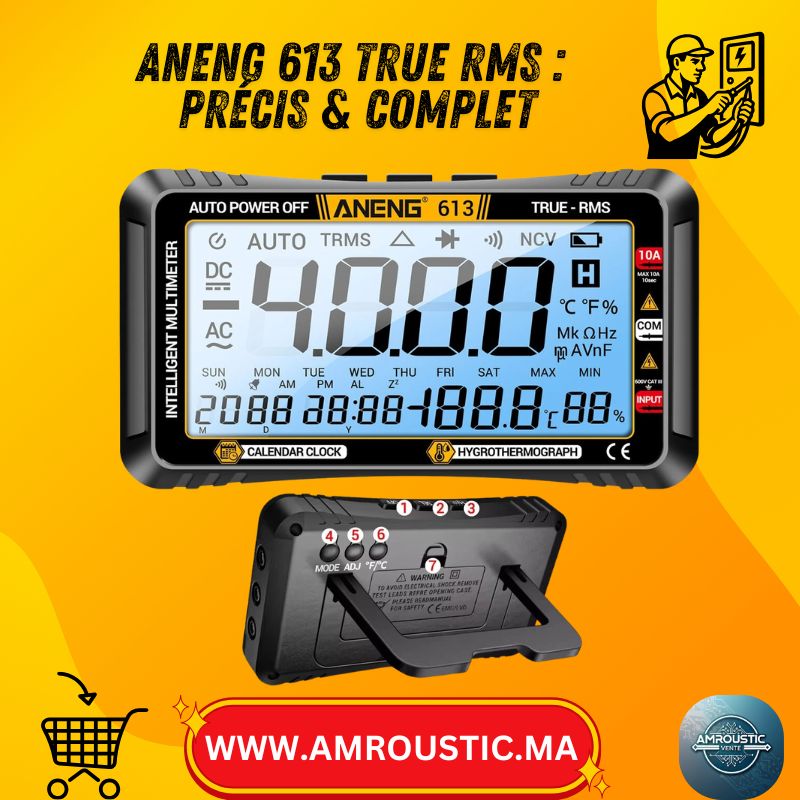 Multimètre numérique ANENG 613 True RMS 3-en-1 (Multimètre + Thermo/Hygromètre + Horloge) – 4000 Counts, 600V, 10A, NCV