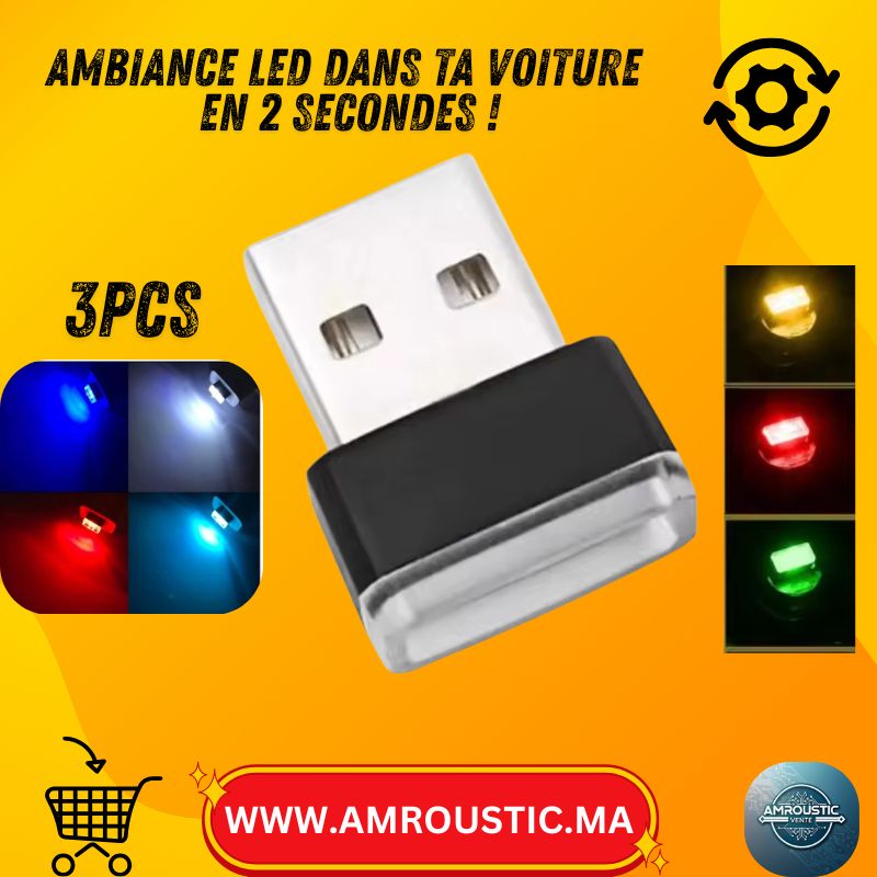 Mini Lampe d’Ambiance LED USB – Veilleuse Colorée pour Voiture (3 pcs)
