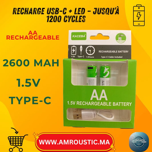 بطاريات KACEBA 1.5V USB-C قابلة لإعادة الشحن من نوع AA - شحن سريع في 1.5 ساعة، يصل إلى 1200 دورة (الكابل مرفق)