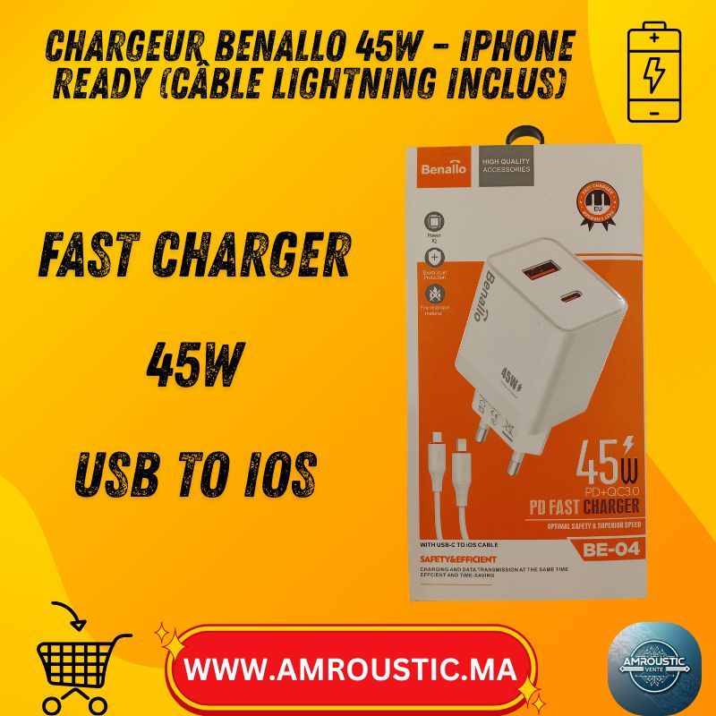Chargeur Rapide Benallo 45W PD + QC3.0 (USB-C + USB-A) – Avec câble USB-C vers iOS (Lightning) – BE-04 (Prise EU)