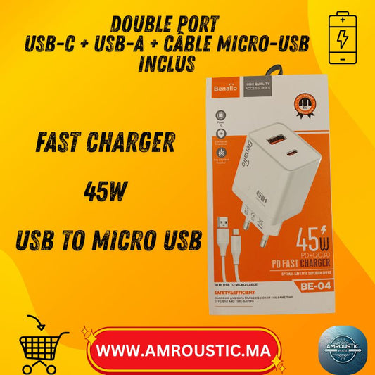 شاحن Benallo السريع بقوة 45 واط بتقنية PD + QC3.0 (USB-C + USB-A) – مع كابل USB إلى Micro-USB – BE-04 (قابس أوروبي)
