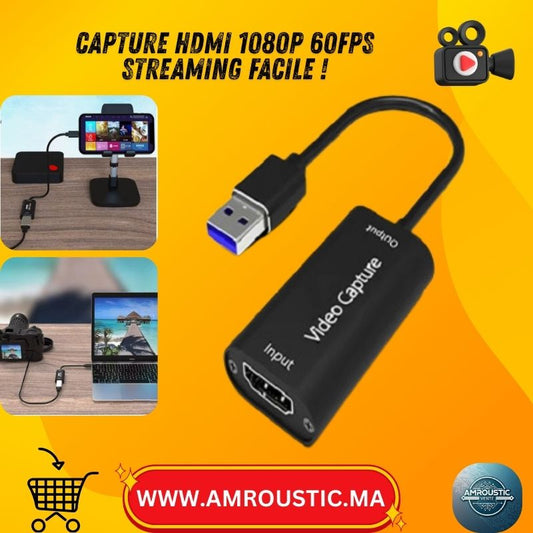 Carte de capture vidéo USB 3.0 – HDMI vers USB/Type-C – 4K entrée, 1080p 60fps sortie (OBS/VLC) – PC / Switch / Xbox