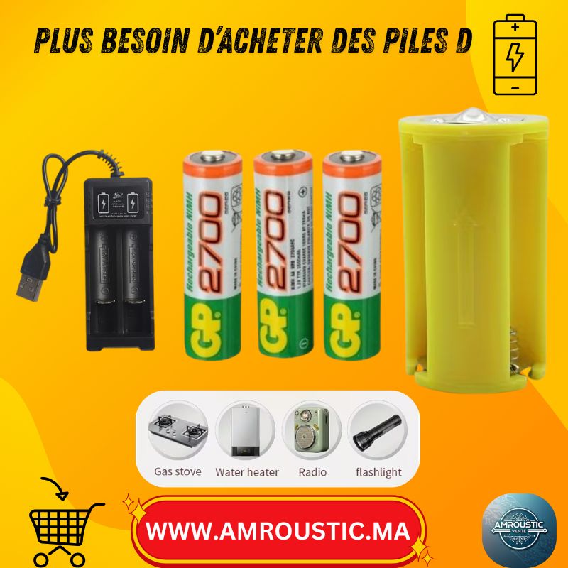 أنبوب محول لبطارية D (LR20) + 3 بطاريات AA 1.2 فولت + شاحن USB – محول من AA إلى D