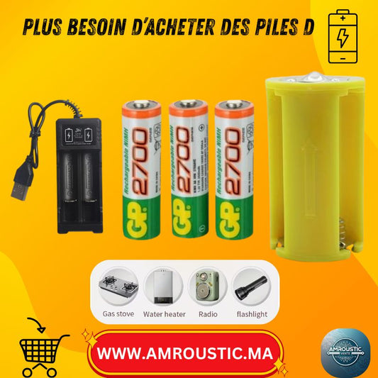 Tube convertisseur Pile D (LR20) + 3 piles AA 1.2V + chargeur USB – Adaptateur AA vers D